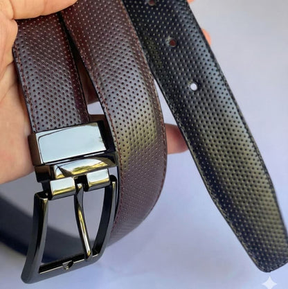 2-in-1 Double-Sided Cow Leather High Chrome Finish Belt - Perforated Black & Brown