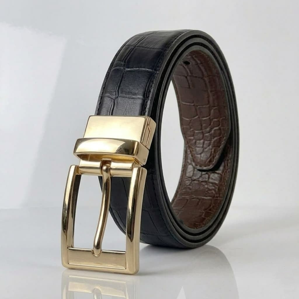 2-in-1 High Chrome finish Cow Leather Belt - Crocodile Black & Brown
