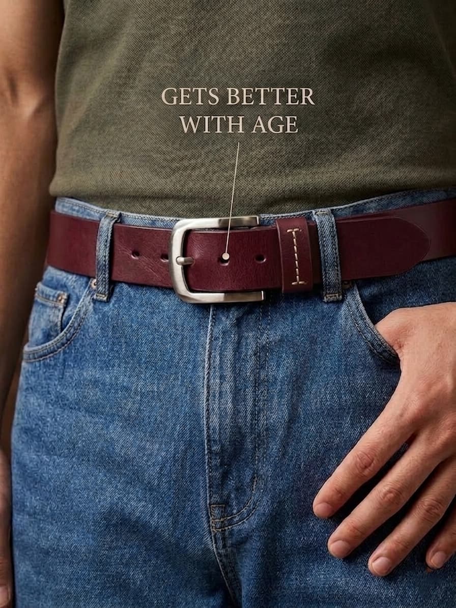 Full Grain Natural Leather Belt - Burgundy/Maroon - 40mm