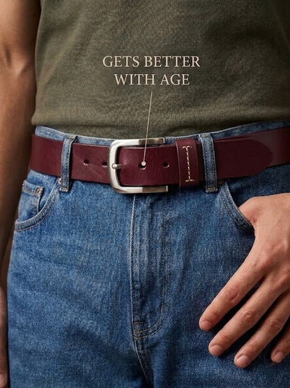 Full Grain Natural Leather Belt - Burgundy/Maroon - 40mm