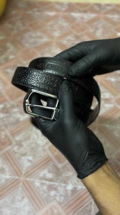 2-in-1 Double-Sided Cow Leather High Chrome Finish Belt - Crocodile Black & Brown