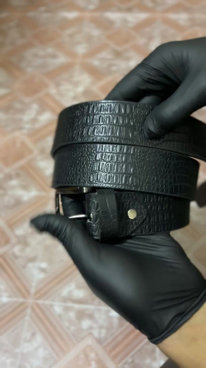 Full Grain Buffalo Leather Belt - Crocodile Black, 2-Year Warranty Against Peeling